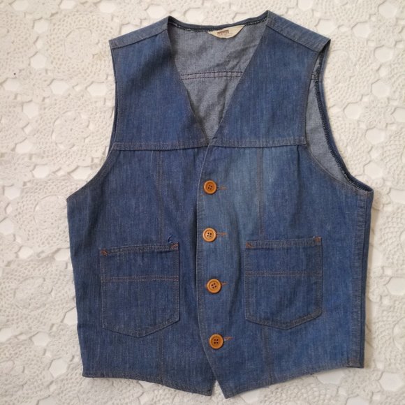 Vintage Other - Vtg 70s Montgomery Ward Denim Vest Blue Button Up 100% Cotton Men XS Small Retro